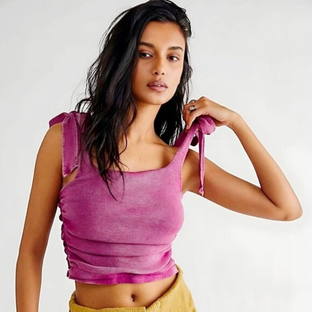 Free People ✦ Boulevard Tank ✦ Dragonfruit Pink Tie Straps Ruched Bodice XS NWOT - Picture 7 of 11